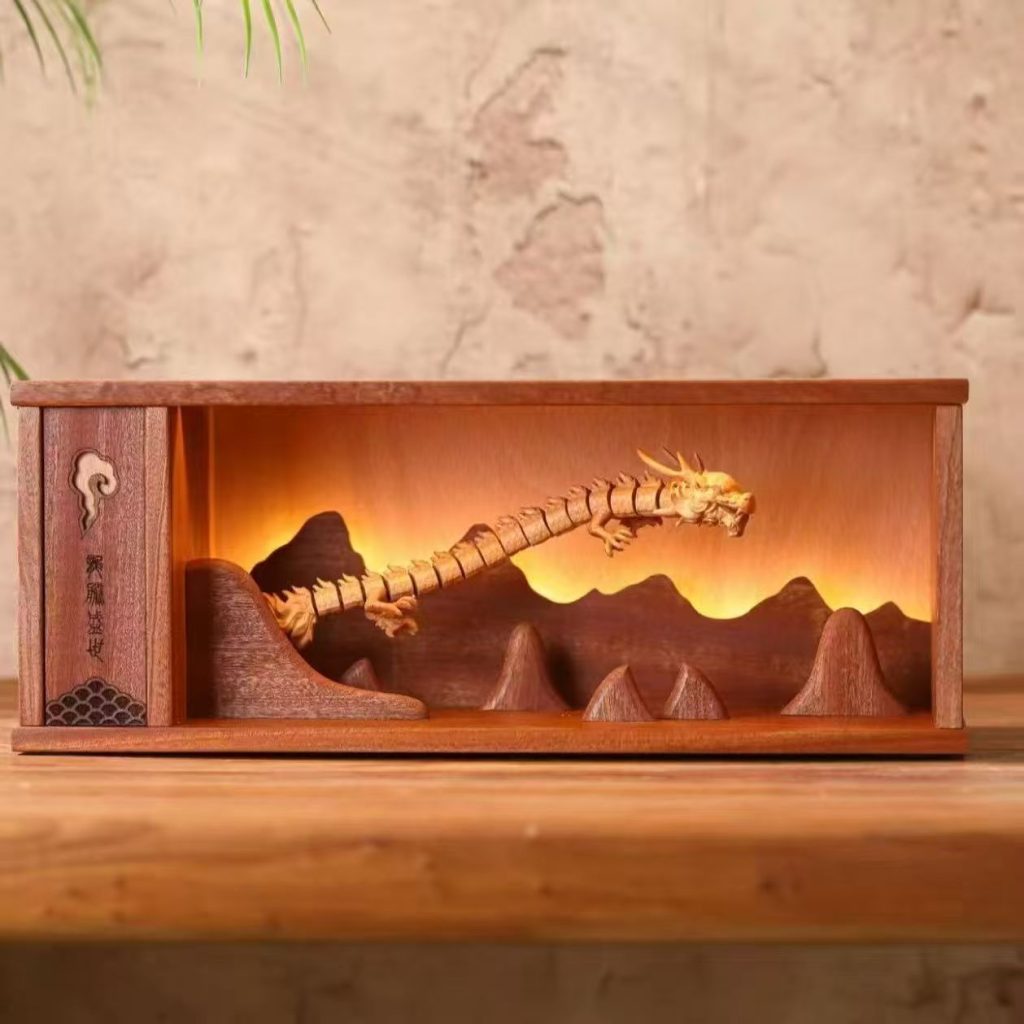 Illuminated Movable Dragon Wood Sculpture