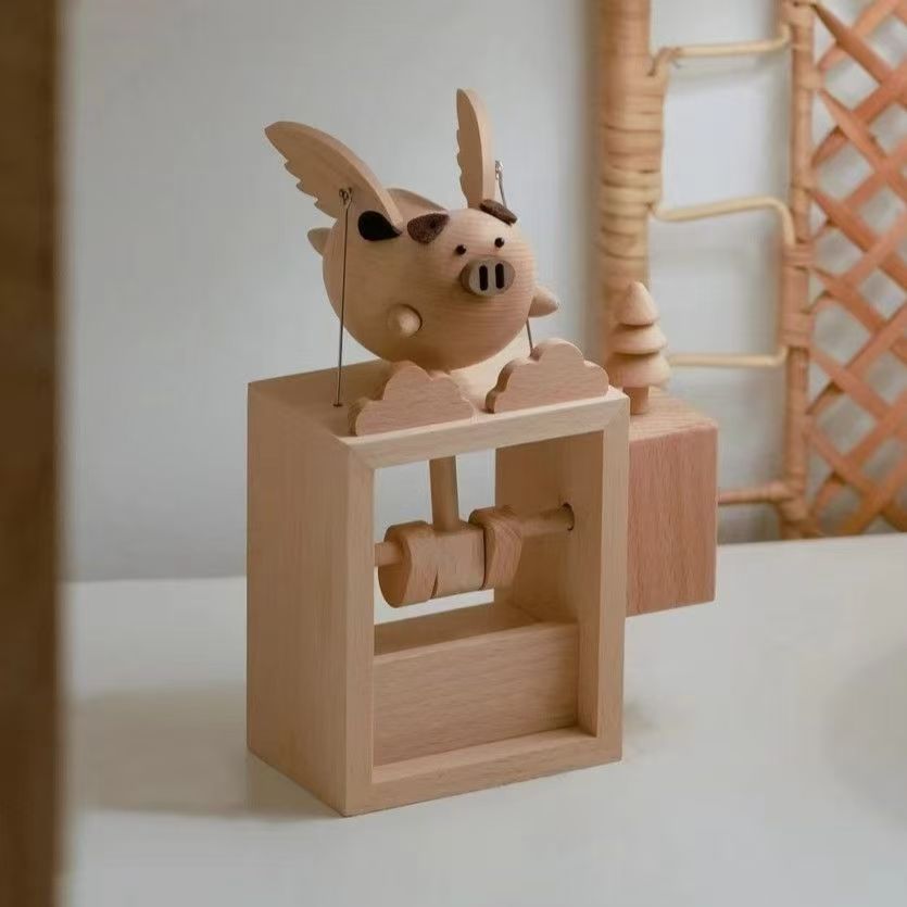 Movable Flying Pig Kinetic Wood Sculpture