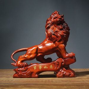 Hand-carved roaring lion wood sculpture made from solid natural wood.