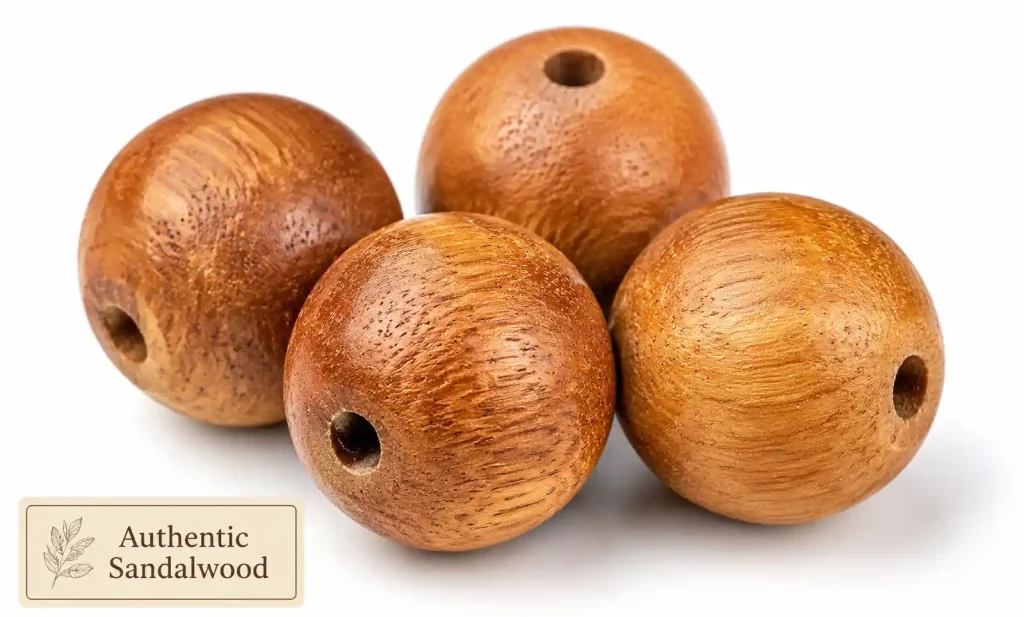 Close-up of authentic sandalwood beads showing natural grain patterns and golden-brown color variations