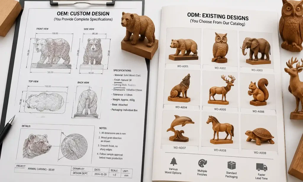 OEM and ODM wood carving manufacturing comparison with technical drawings and finished samples