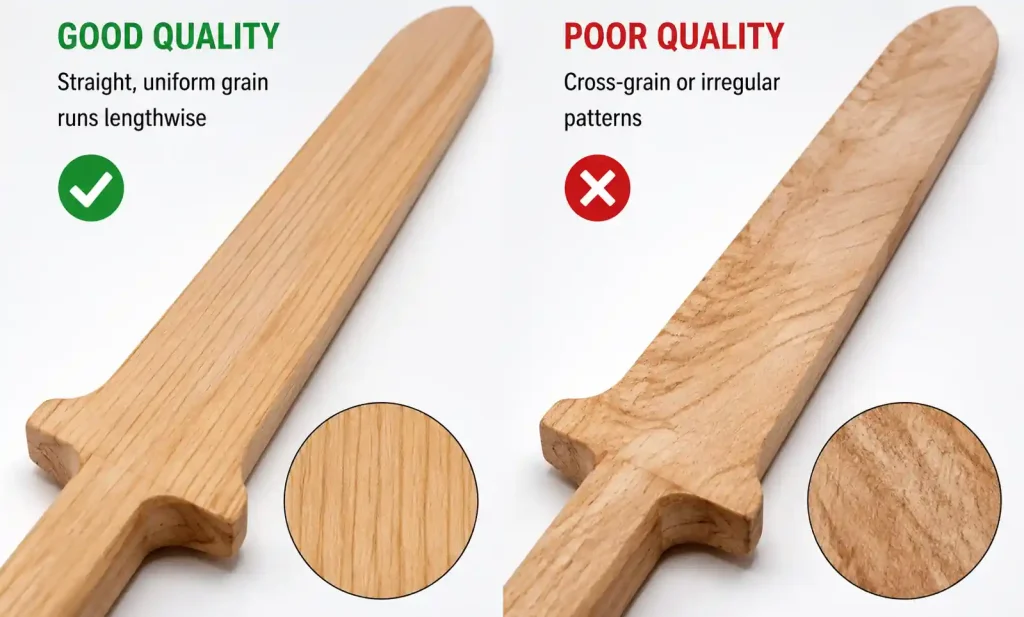 Straight grain vs cross grain comparison in wooden weapon replicas showing structural differences