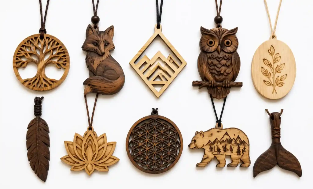 Assorted handcrafted wooden pendants and hanging ornaments arranged on white background
