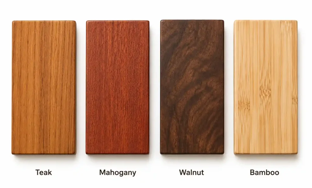 Different wood species samples showing teak, mahogany, walnut, and bamboo grain patterns
