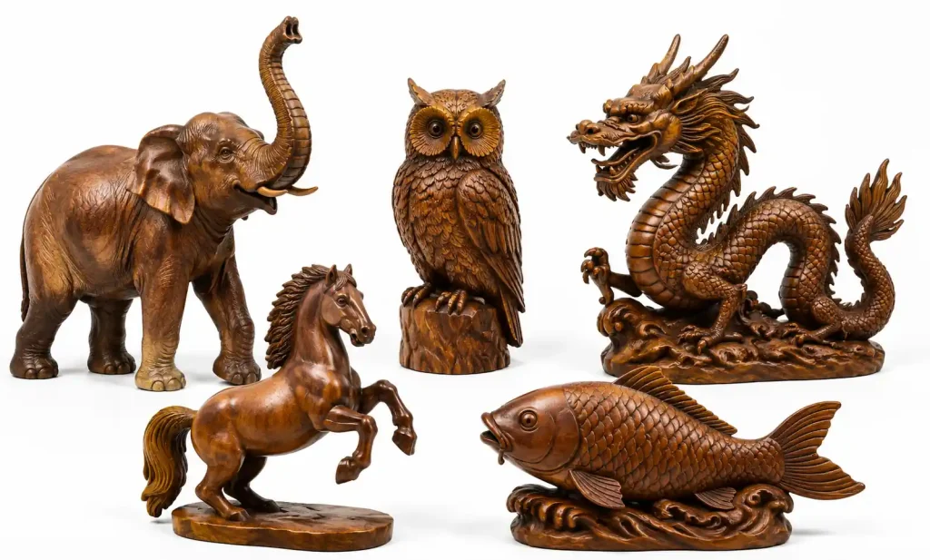 collection of wooden animal carvings including elephant owl dragon horse