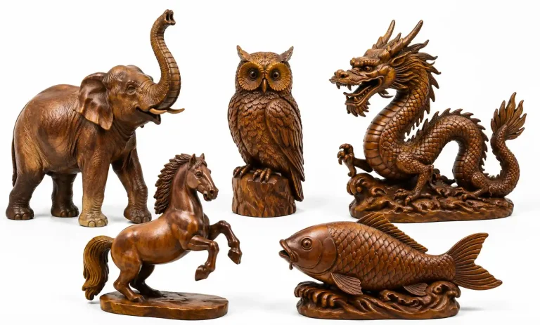 2 Wooden Animal Sculptures Collection Display
