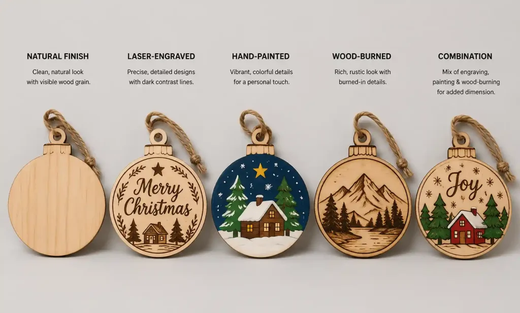 Wooden ornaments showing different surface treatment techniques including laser engraving, natural finish, and hand painting