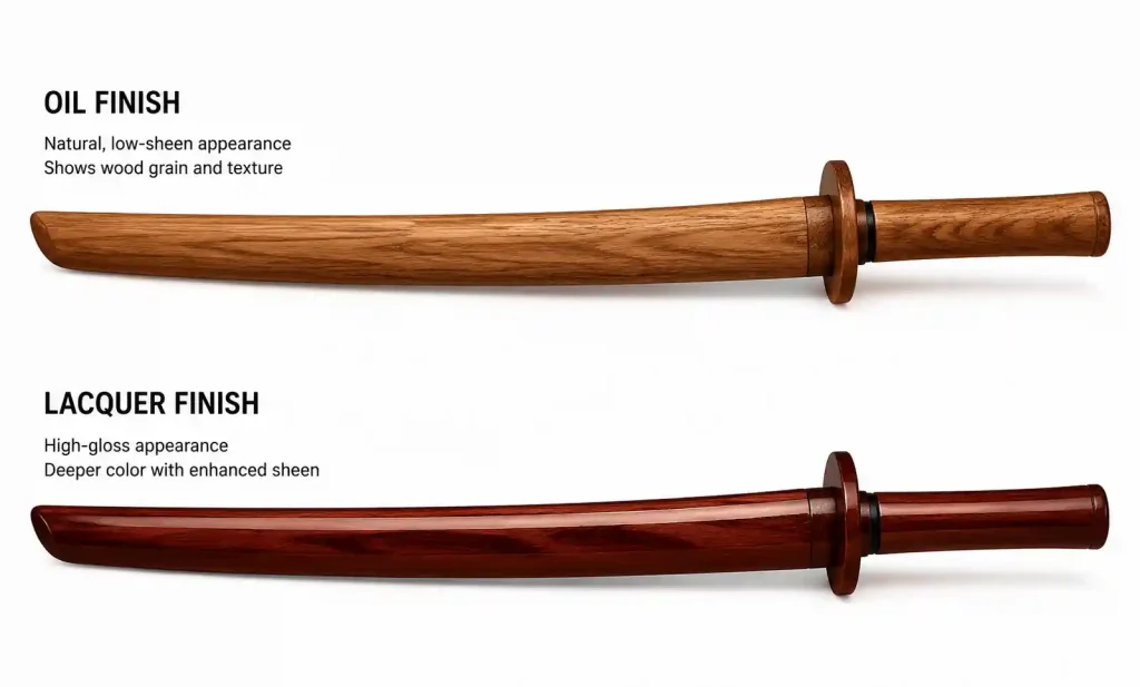Comparison of oil finish and lacquer finish on wooden weapon replicas