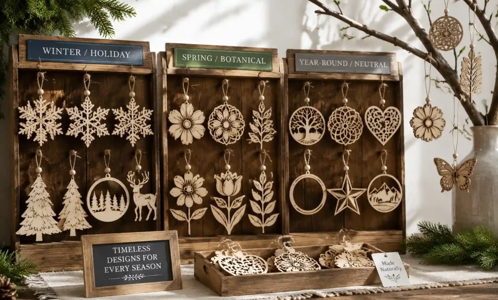 Seasonal wooden ornament collections arranged by theme for retail display