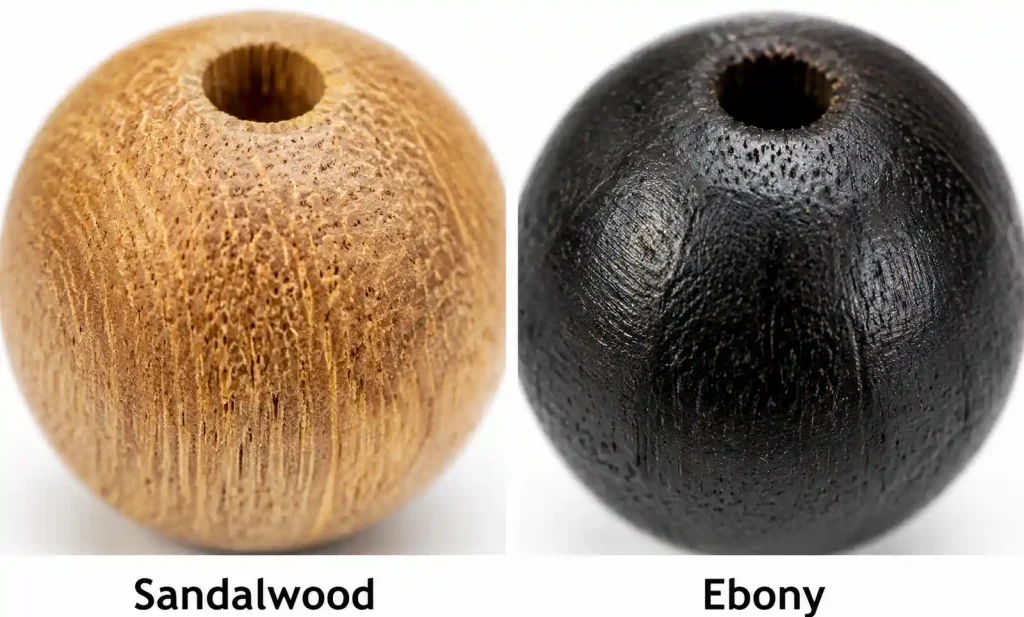 Macro comparison photograph of sandalwood and ebony bead surfaces showing grain structure differences