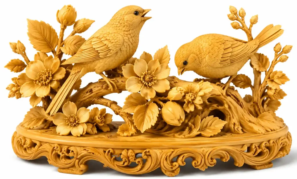 European boxwood carving with extremely fine detail work showing pale yellow wood tone