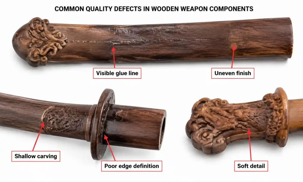 Examples of common quality defects in poorly crafted wooden weapon replicas