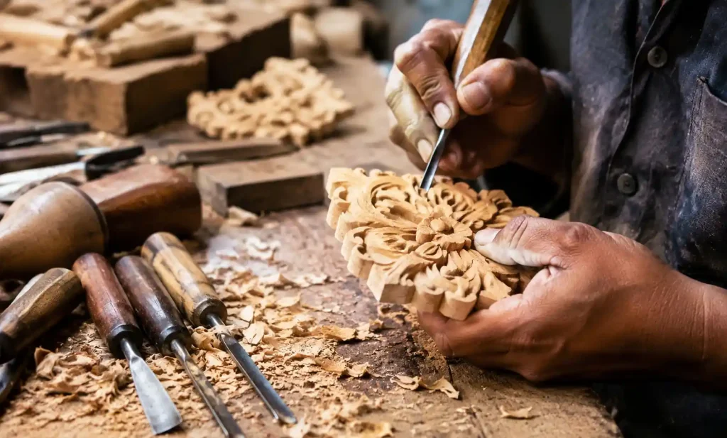 Artisan hand-carving wooden ornament showing craftsmanship detail in workshop setting