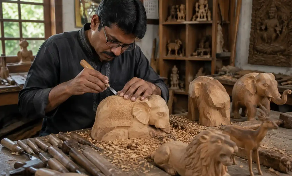 artisan craftsman hand carving wooden animal sculpture in workshop
