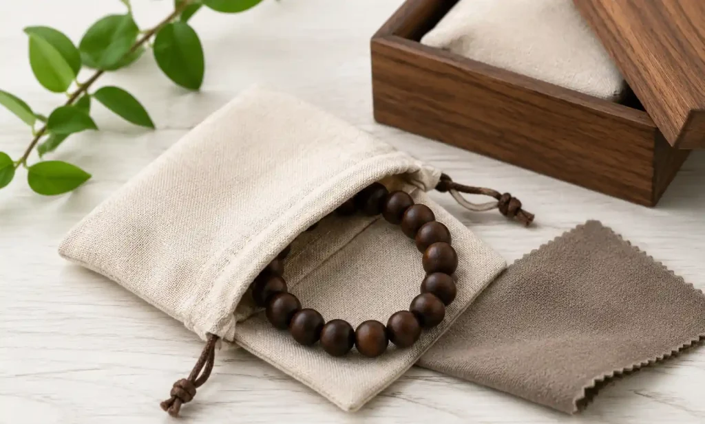 Premium wooden bead bracelet stored in fabric pouch with soft cloth for proper maintenance
