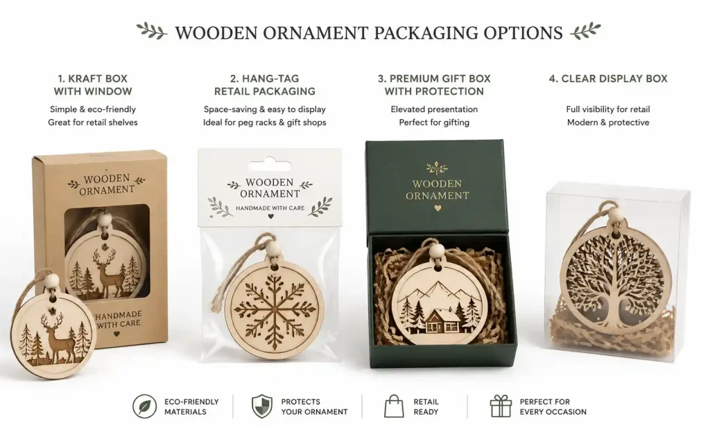 Wooden ornament gift packaging examples including kraft boxes, hang tags, and premium presentation boxes