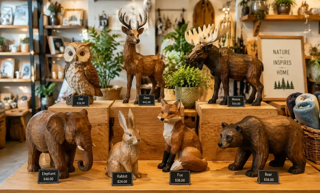 wooden animal carvings displayed in retail shop setting