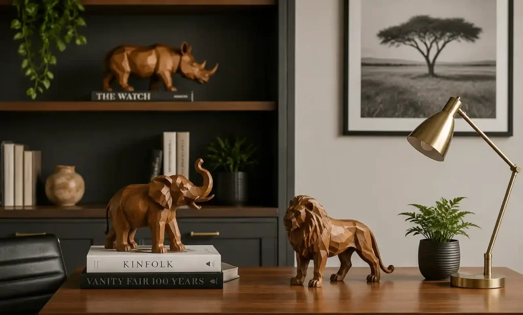 handcrafted wooden animal sculptures in modern home decor setting