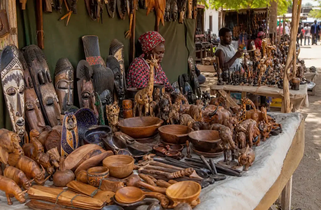 African wooden crafts market displaying colorful handmade decorative items and sculptures