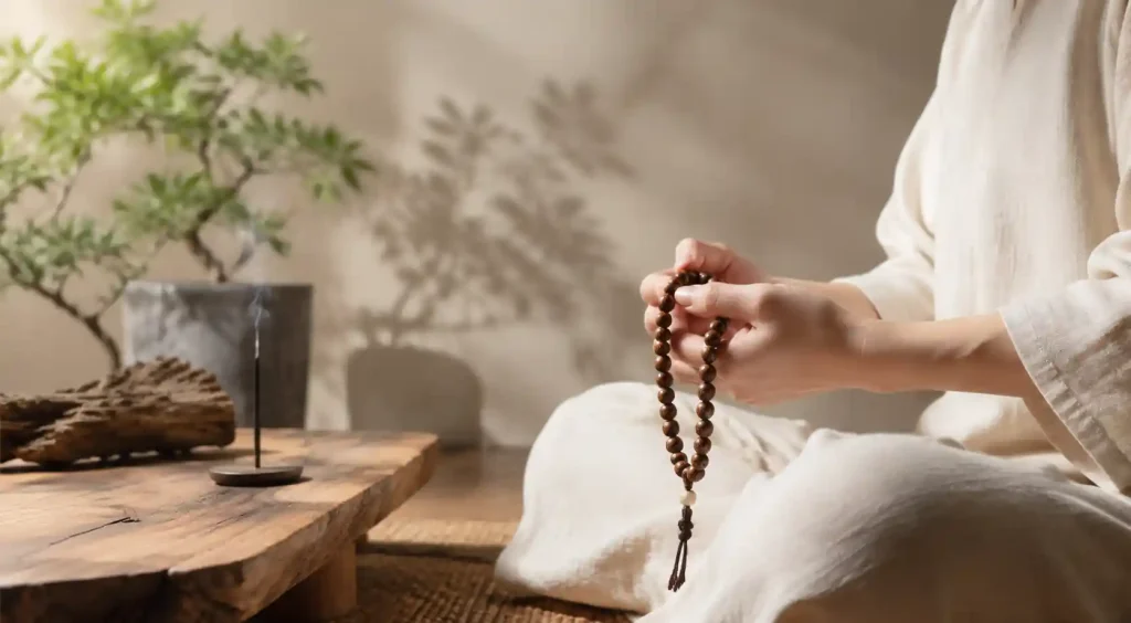 Agarwood prayer beads arranged in meditation setting with natural lighting