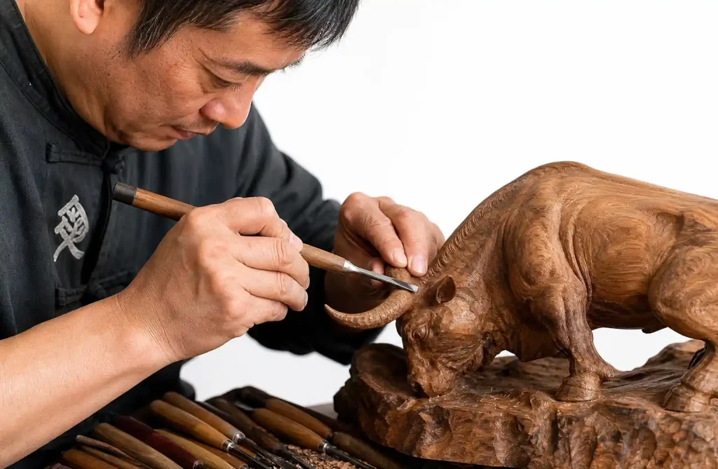Master Chinese wood carver demonstrating traditional hand carving technique on teak wood sculpture