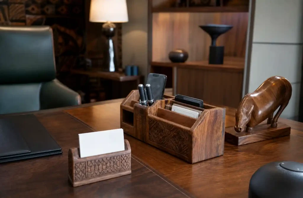 Premium wooden corporate gifts displayed on executive desk for Africa and Middle East business clients
