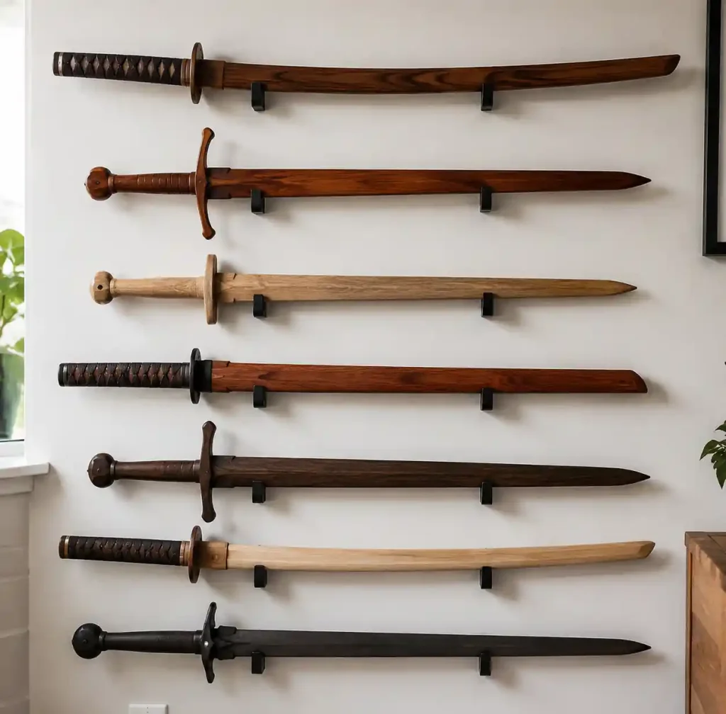 Collection of decorative wooden swords including Japanese bokken and European wasters displayed on wall