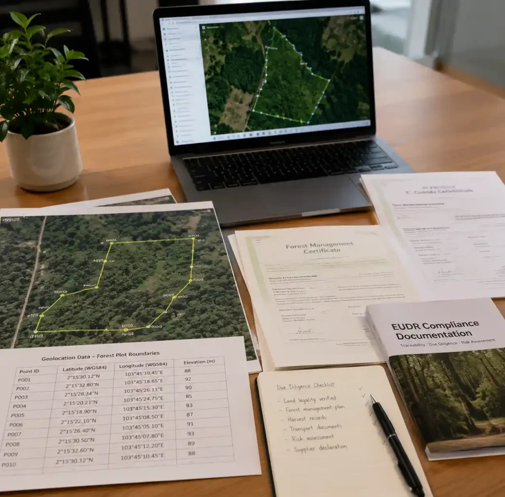 EU deforestation regulation compliance documentation showing forest geolocation mapping and certification papers