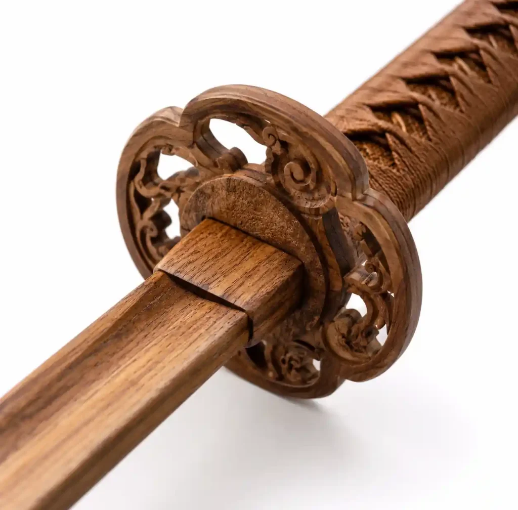 Handcrafted wooden katana showing traditional woodworking craftsmanship and grain detail