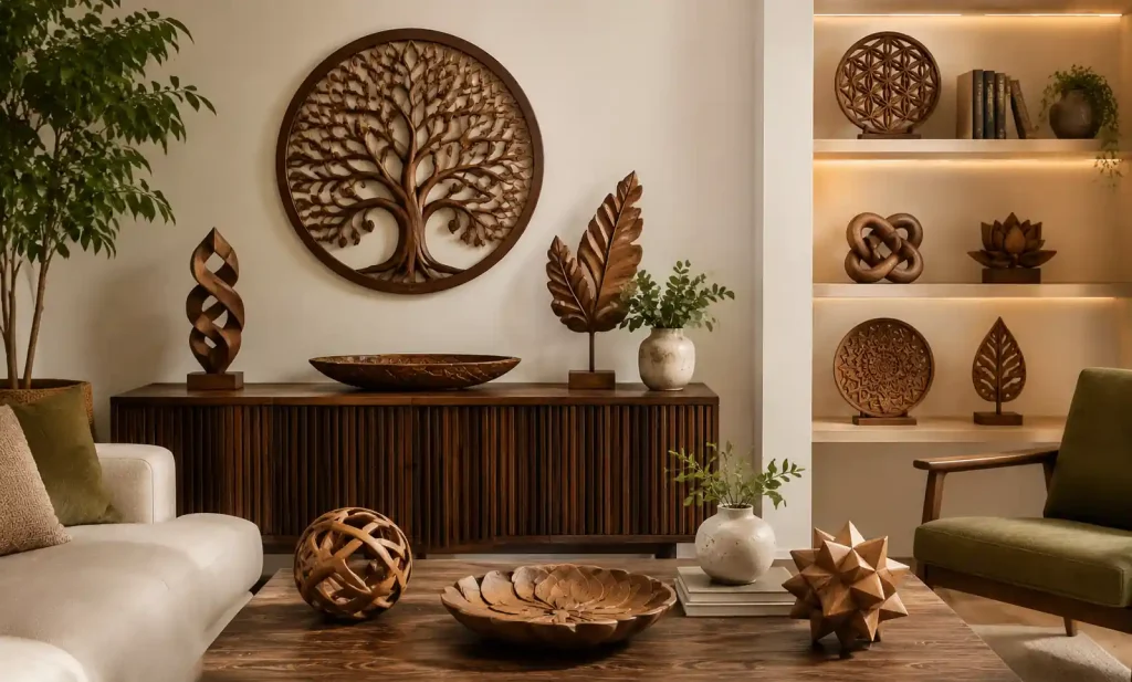 Custom handcrafted wooden ornaments displayed in modern interior design setting