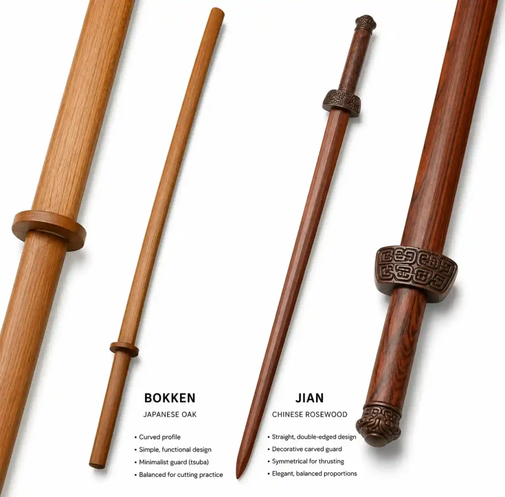 Handcrafted Japanese bokken and Chinese wooden jian swords side by side