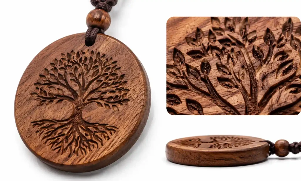 Close-up of laser engraved company logo on teak wooden pendant