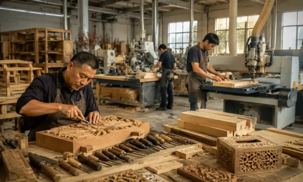 Professional OEM wood carving manufacturing facility showing skilled artisans working on custom branded wooden products