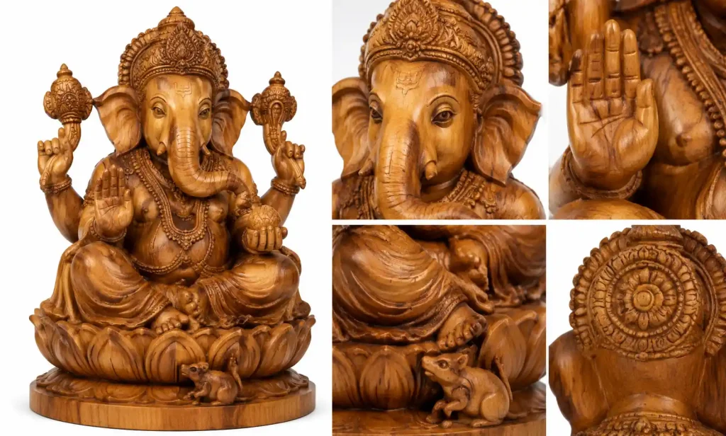 Close-up of handcrafted teak wood carving showing intricate details and natural grain