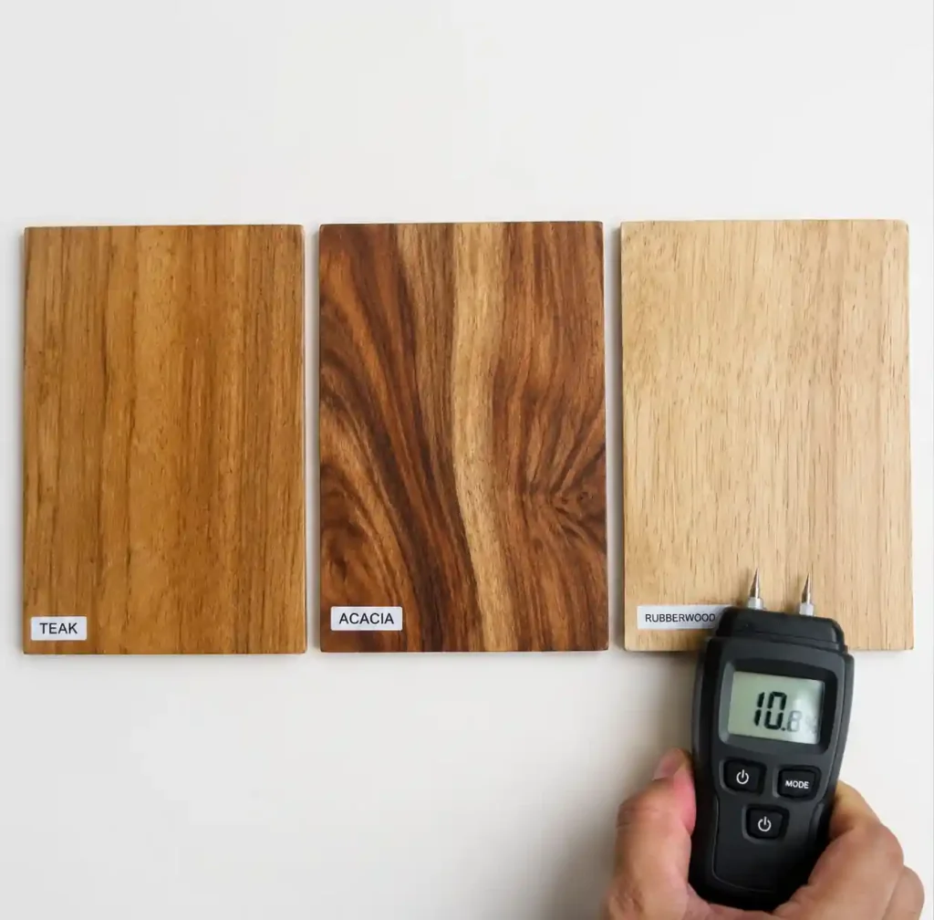 tropical hardwood samples showing teak acacia rubberwood grain patterns and moisture resistance properties