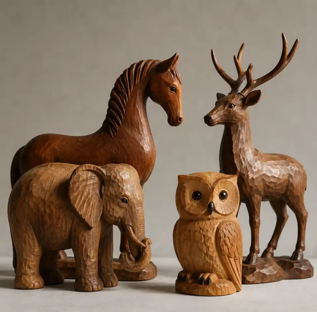 handcrafted wooden animal sculptures showing natural wood grain and authentic carving details