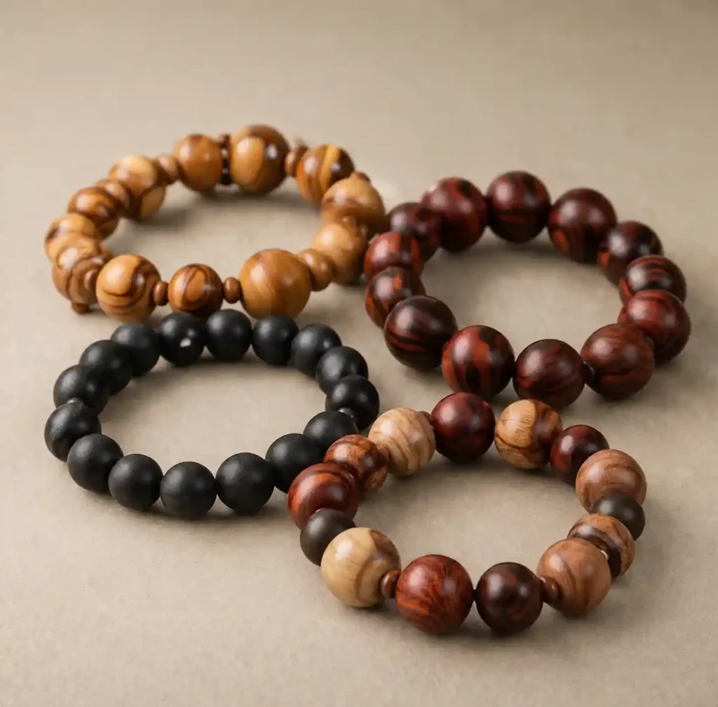 collection of authentic wooden bead bracelets showing sandalwood rosewood and mixed wood varieties