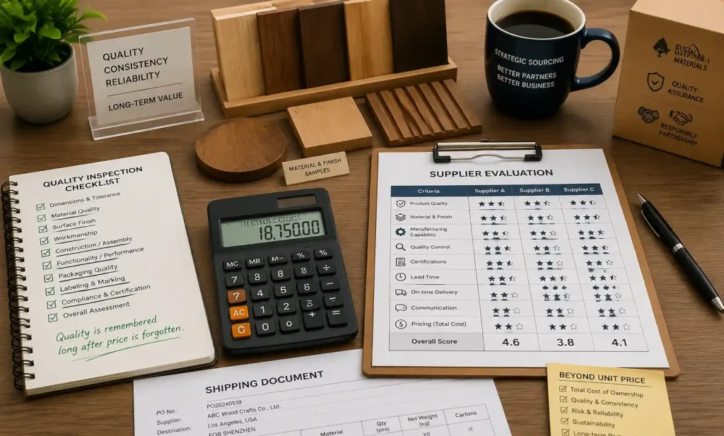 Wholesale wooden crafts sourcing workspace showing quality assessment and cost analysis materials