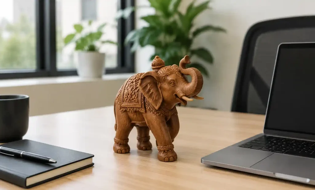Handcrafted teak elephant figurine on modern office desk