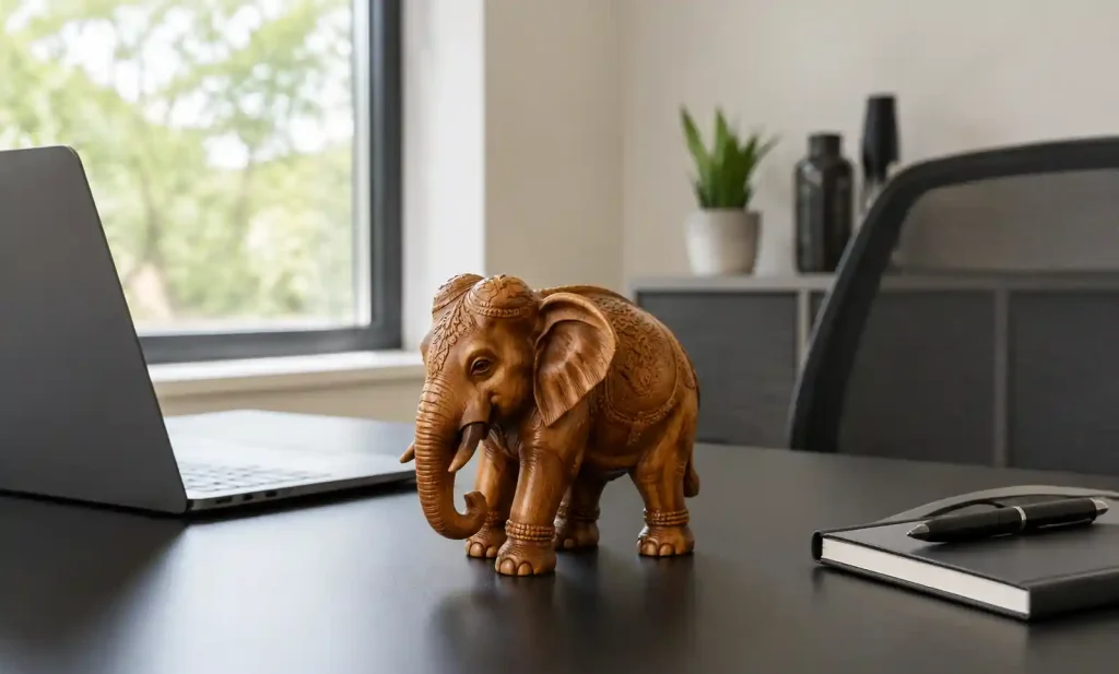 Handcrafted teak elephant figurine on modern office desk