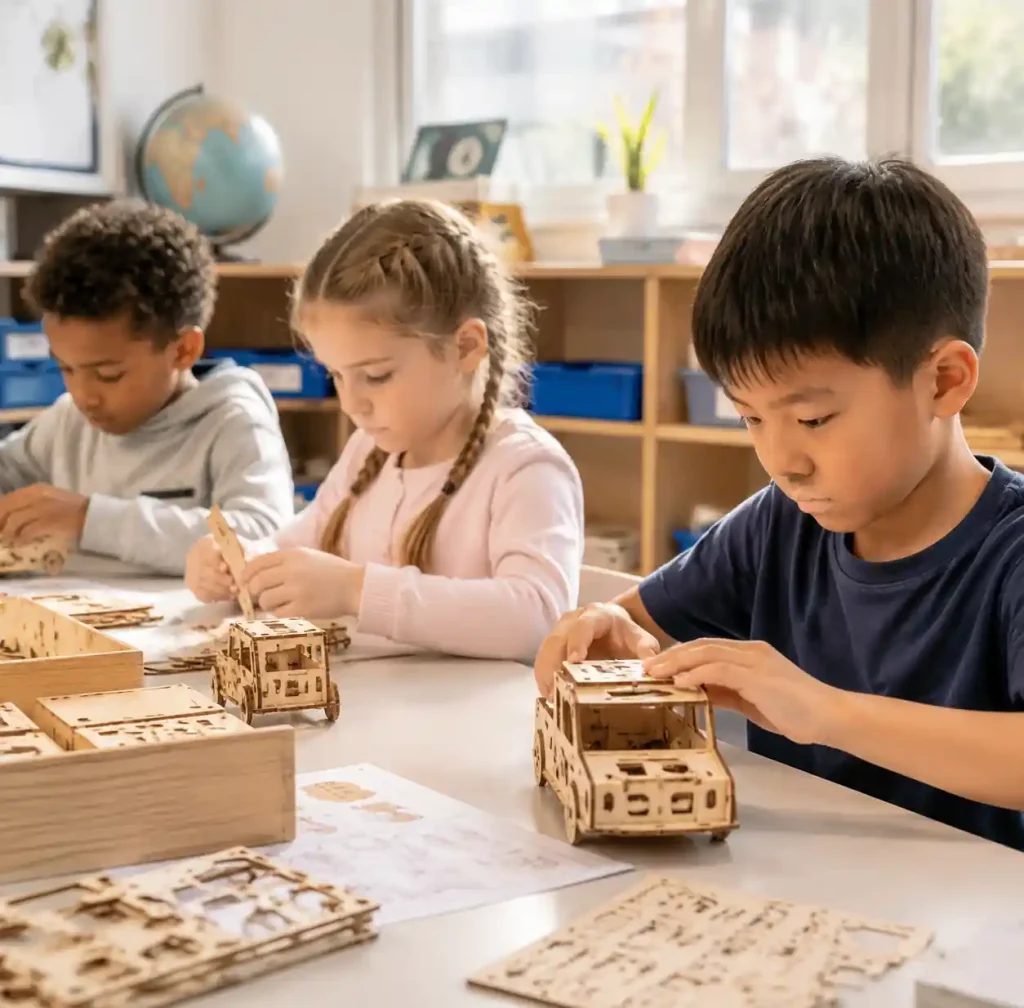 Children engaged with wooden puzzle kits showing educational learning and cognitive development