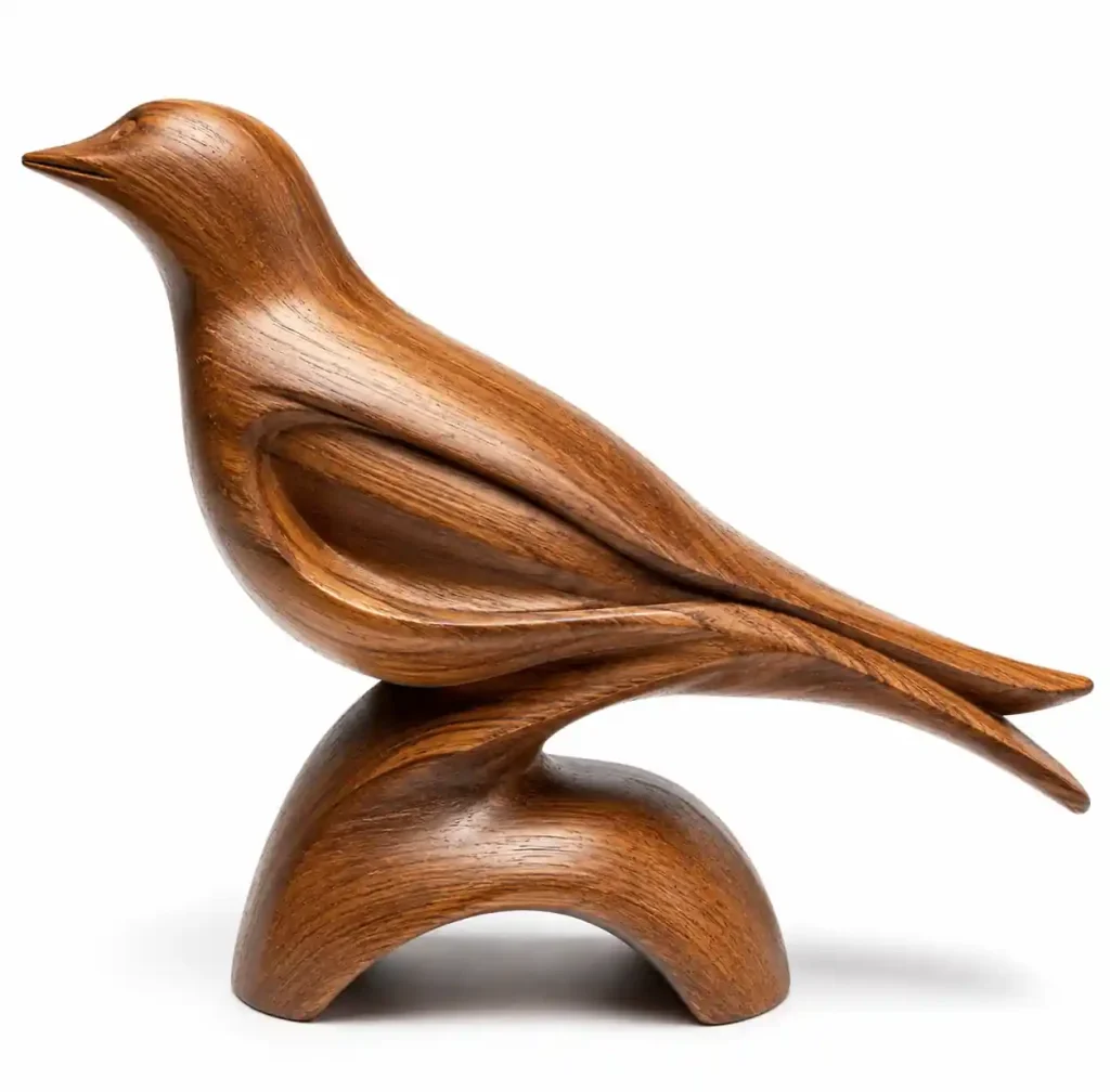Abstract wooden bird sculpture showing stylized form and natural grain