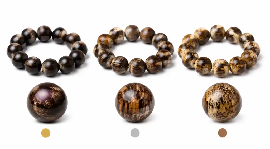 Comparison of different agarwood bead grades showing resin content variations
