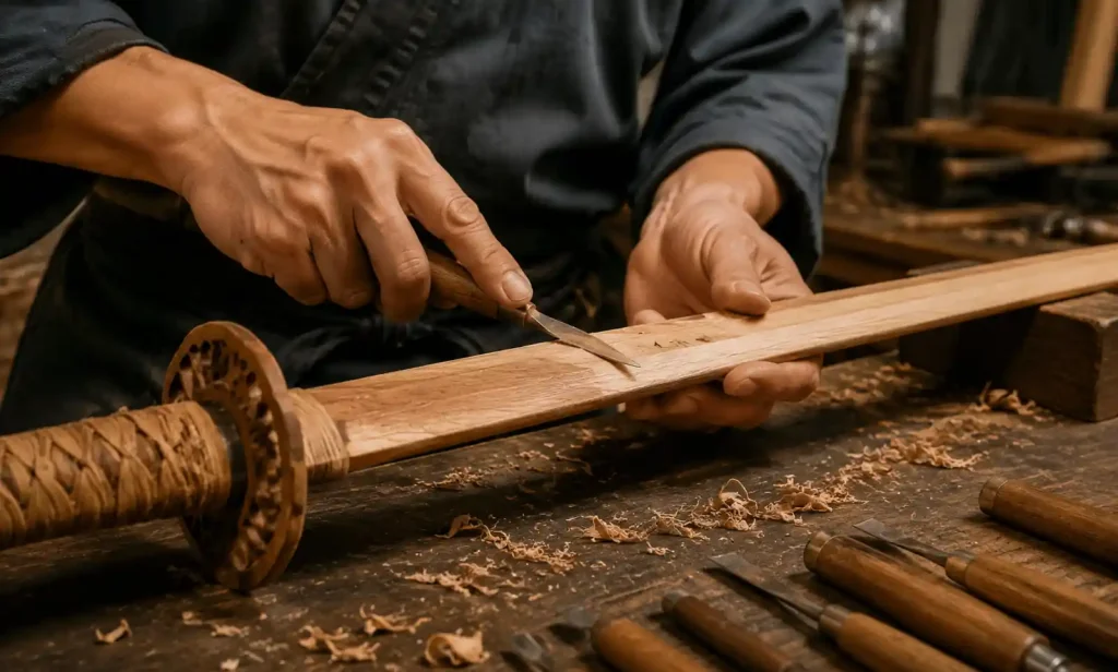 Master craftsman hand-shaping wooden sword showing traditional woodworking techniques