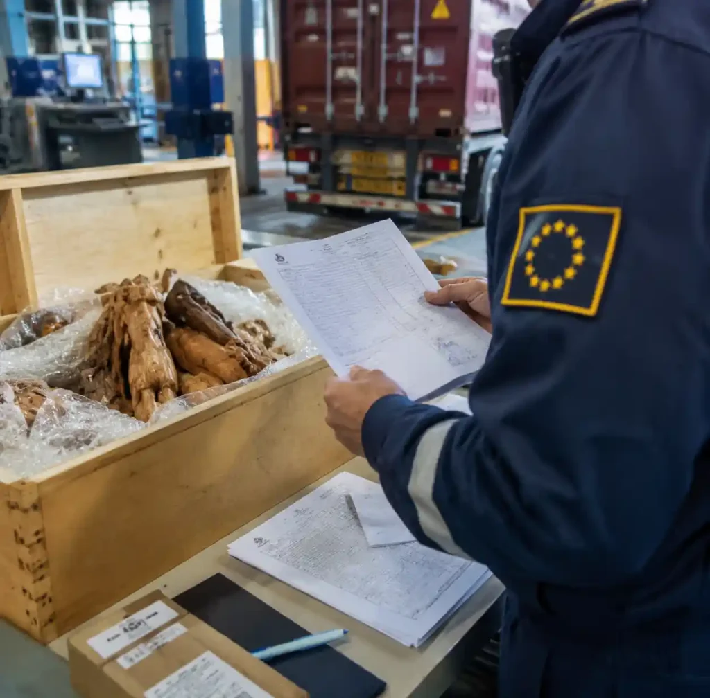 European customs officer inspecting wooden craft shipment documentation at port facility