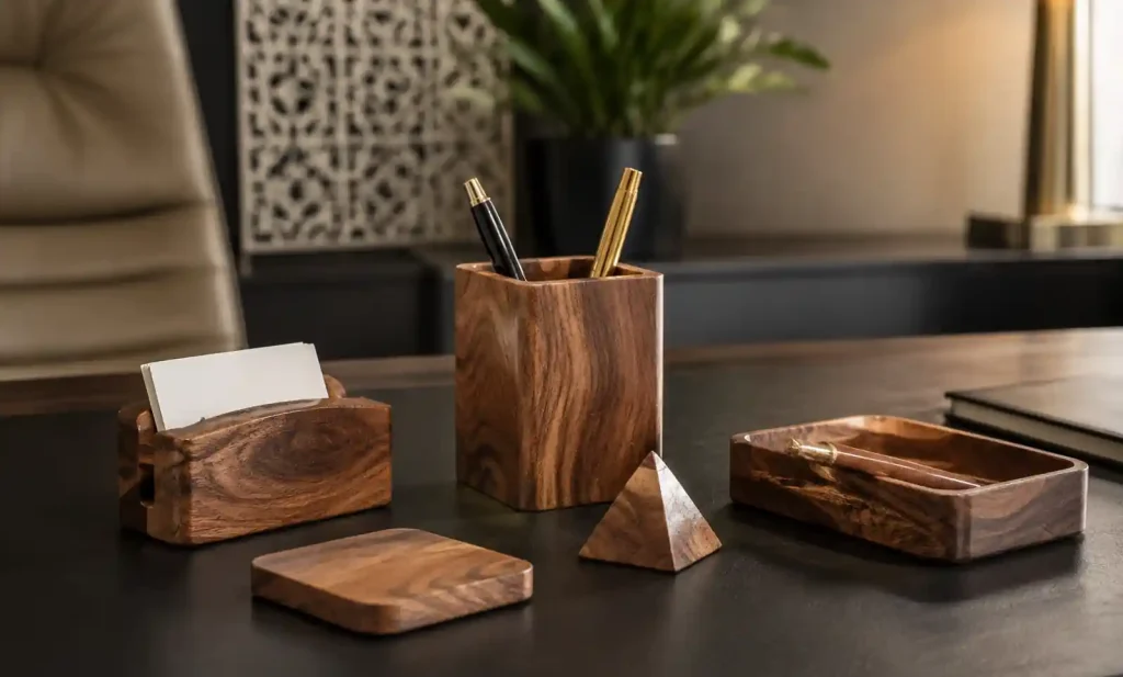 Handcrafted wooden desk accessories in professional office setting