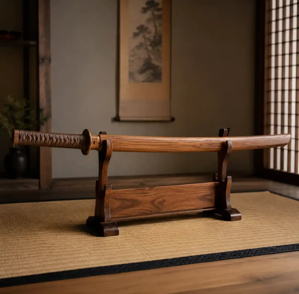 Japanese bokken wooden sword on traditional katana stand with natural wood grain detail