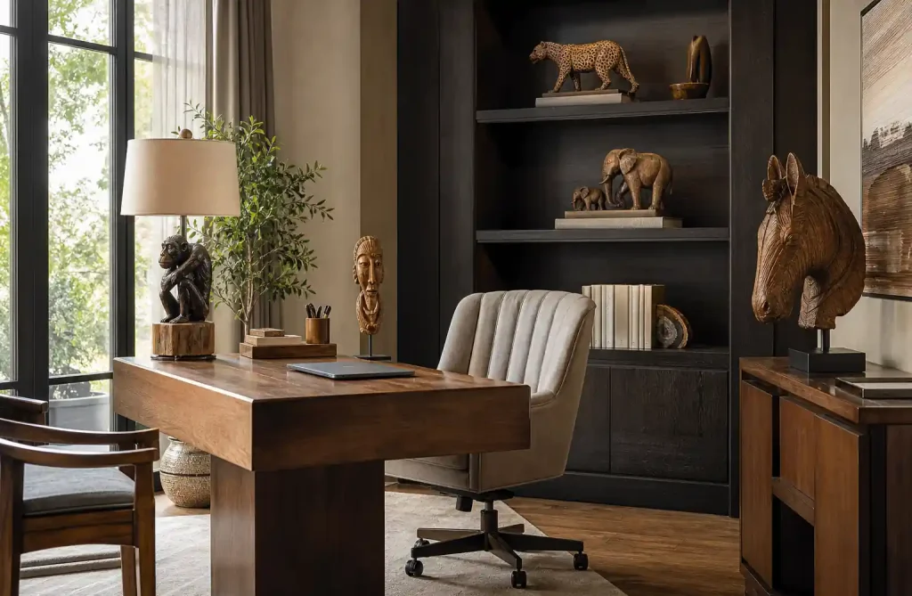 Wooden art pieces displayed in luxury home office setting with bookshelf