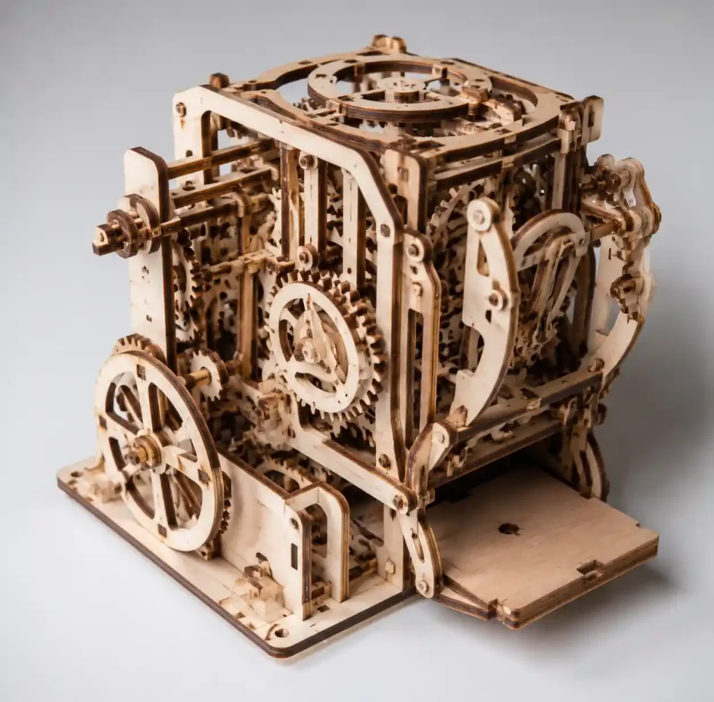 Mechanical wooden puzzle with working gears demonstrating STEM education principles