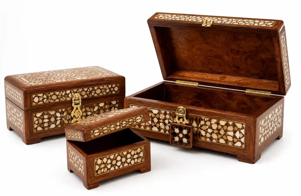 Moroccan wooden decorative boxes with intricate geometric inlay patterns and mother-of-pearl details